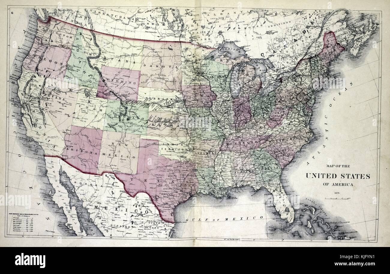 Immagine della mappa incisa da un atlante, con didascalia originale con la scritta "Mappa degli Stati Uniti d'America", 1873. Dalla New York Public Library. Foto Stock