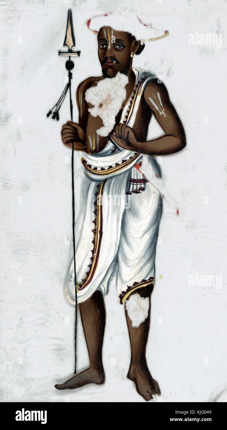 Uomo in dhoti bianco, con lancia in mano, India, 1819. Dalla New York Public Library. Foto Stock
