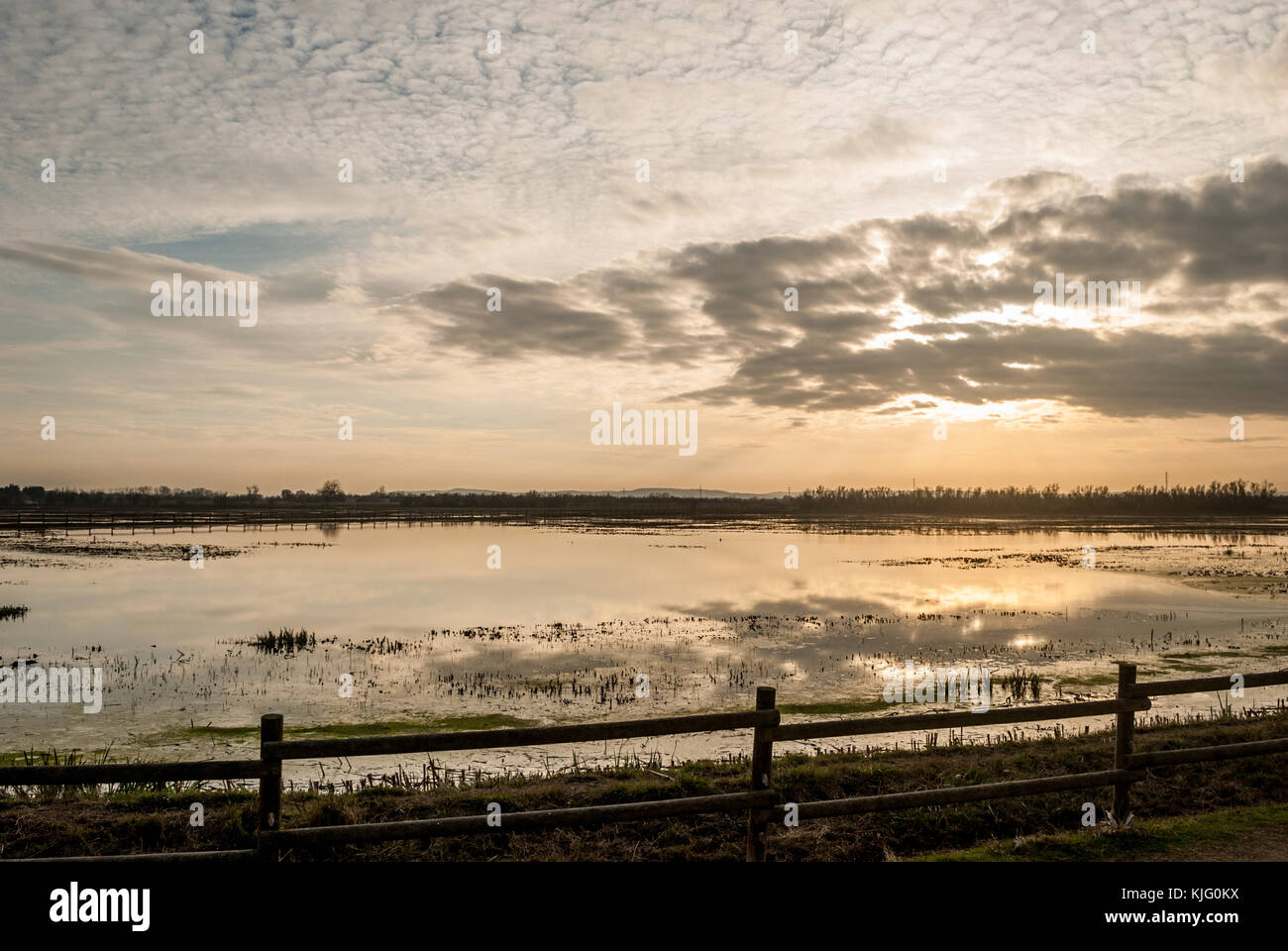 Vista della zona umida dietro la recinzione di legno e il sole che tramonta dietro le nuvole, Aiguamolls Empordà, Girona, Catalogna Foto Stock