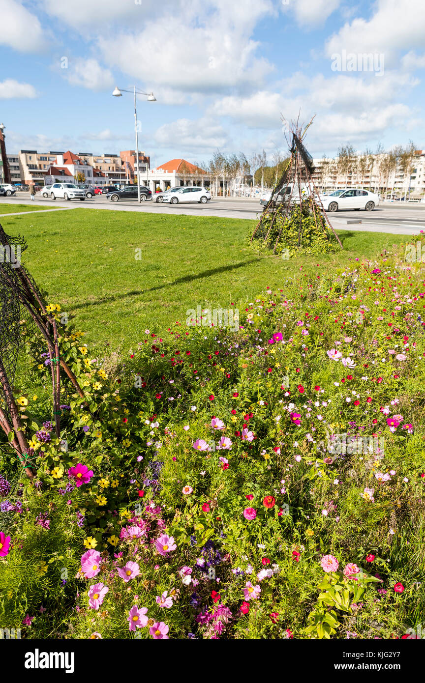 Comunale letti di fiori piantati con un fiore impollinatrice mix per aiutare la fauna selvatica e un ottimo aspetto. Place du Minck,Dunkerque, Francia Foto Stock