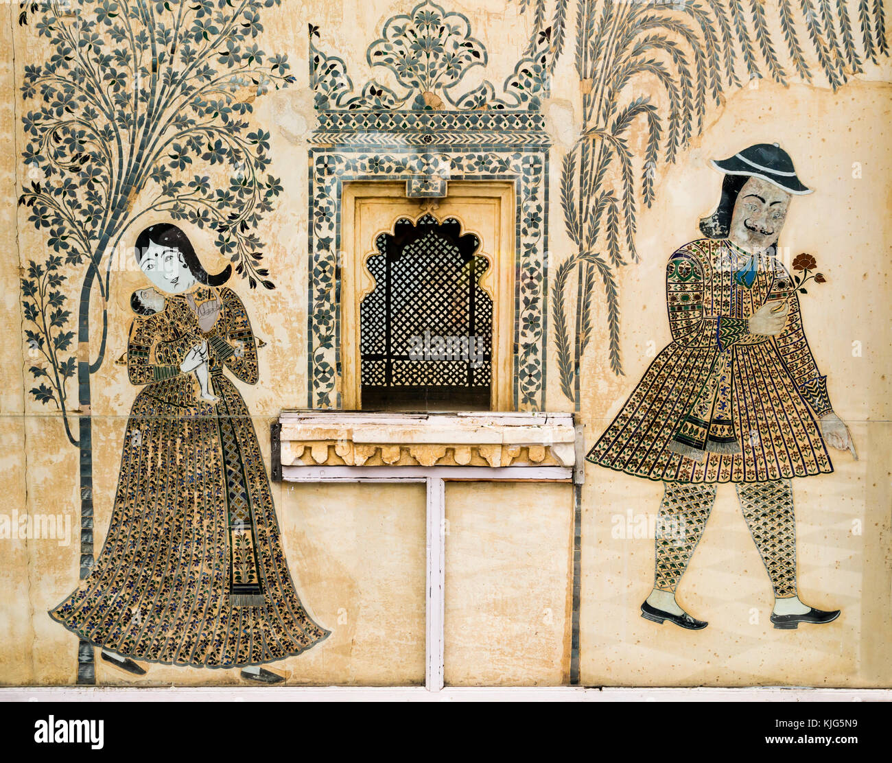 Romantico affresco dipinto nel palazzo di città, Udaipur, India Foto Stock