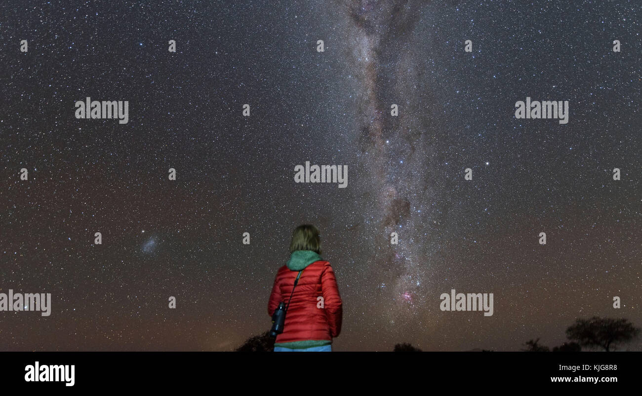 La Namibia, Regione Khomas, vicino Uhlenhorst, Astrophoto, Astronomia donna osservando la Croce del Sud incorporato nella Via Lattea band Foto Stock