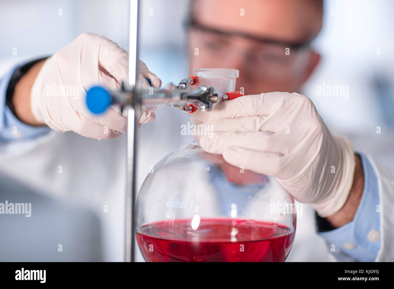 Scienziato che lavora nel laboratorio di pallone mettendo in pinza di bloccaggio Foto Stock