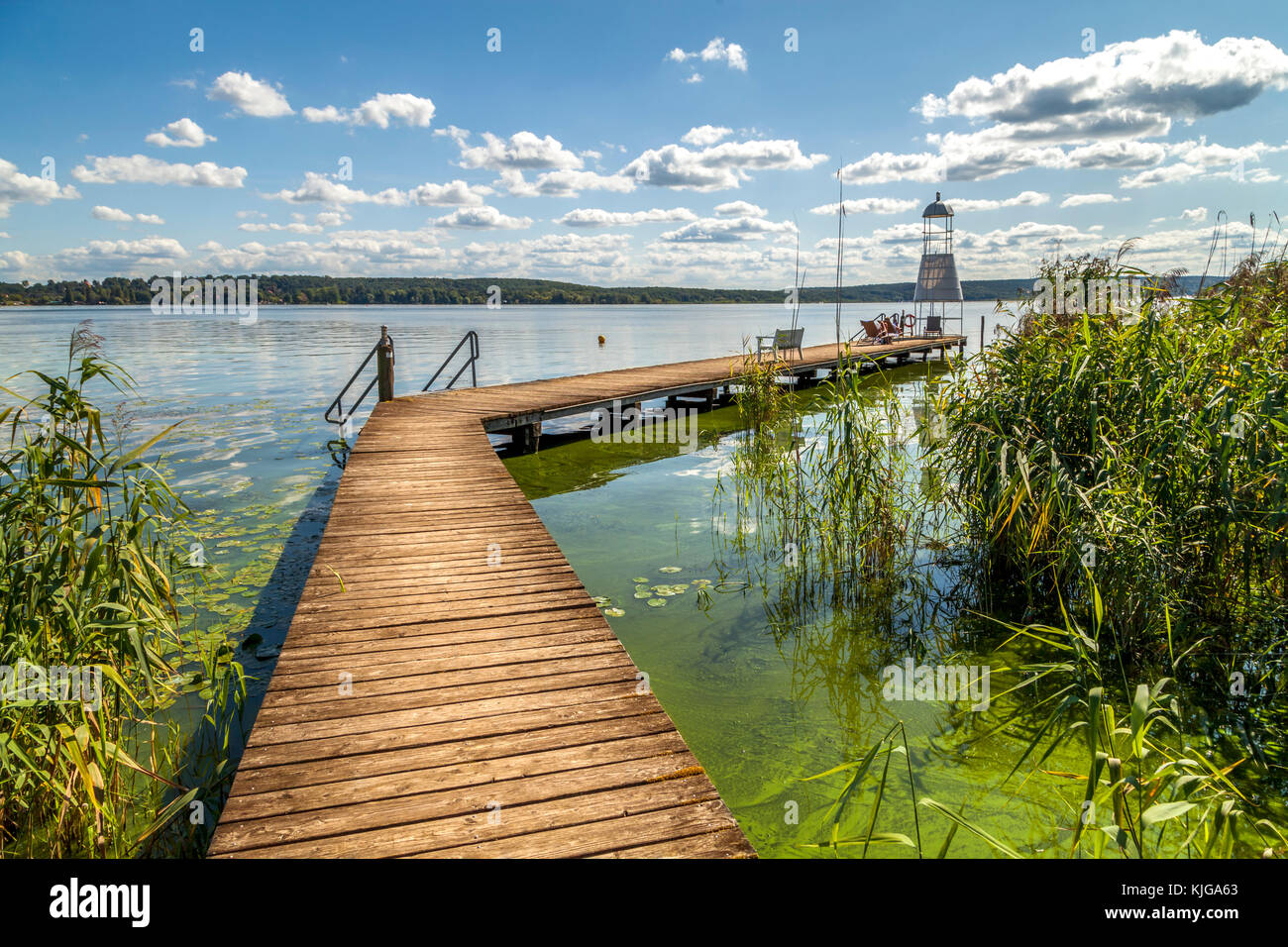 La Germania, il Land Brandeburgo, Schwielowsee con Boardwalk e torre di avvistamento Foto Stock
