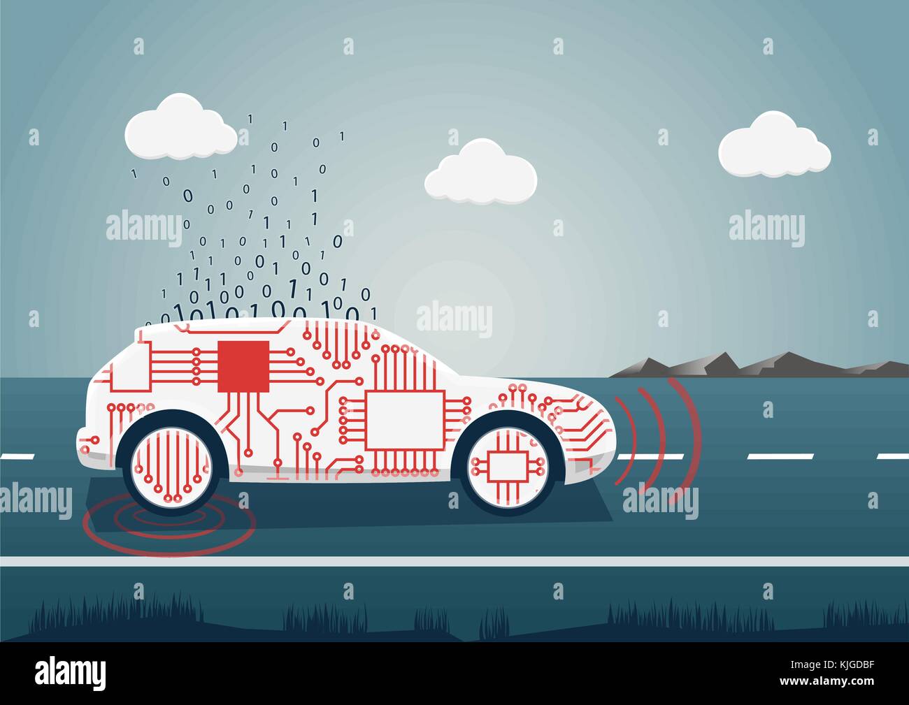 Smart Auto collegato illustrazione vettoriale. car icona con sensori e grande il caricamento dei dati come esempio per la mobilità digitale. Illustrazione Vettoriale
