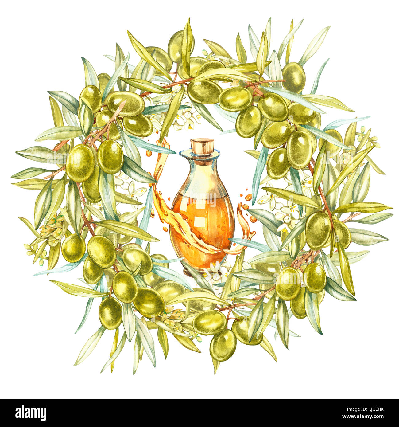 Acquerello colorata ghirlanda realistico con maturi olive verdi da tavola rotonda su sfondo bianco. Foto Stock