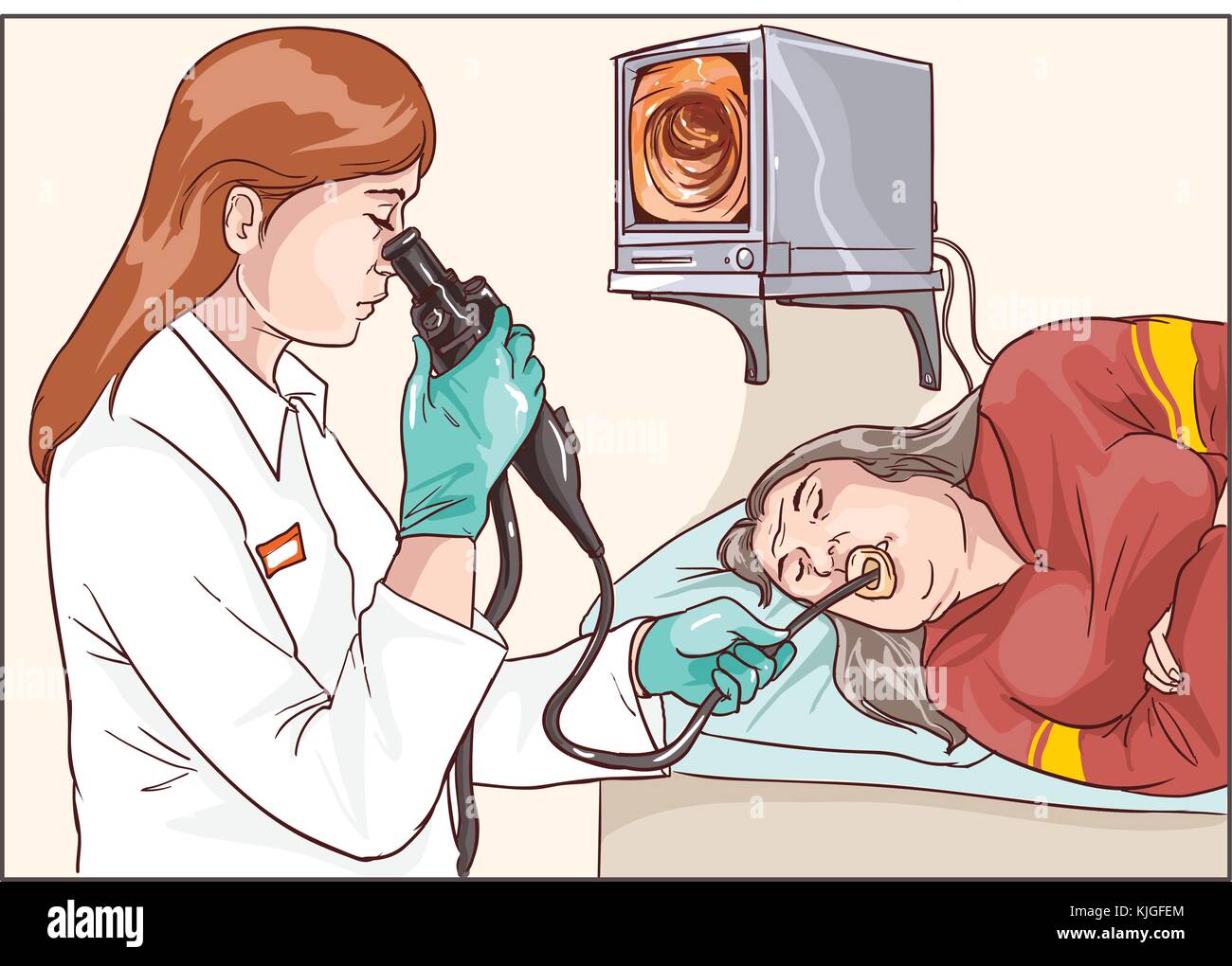 Ricezione endoscopica in ospedale. Lavorare con attrezzature mediche Illustrazione Vettoriale