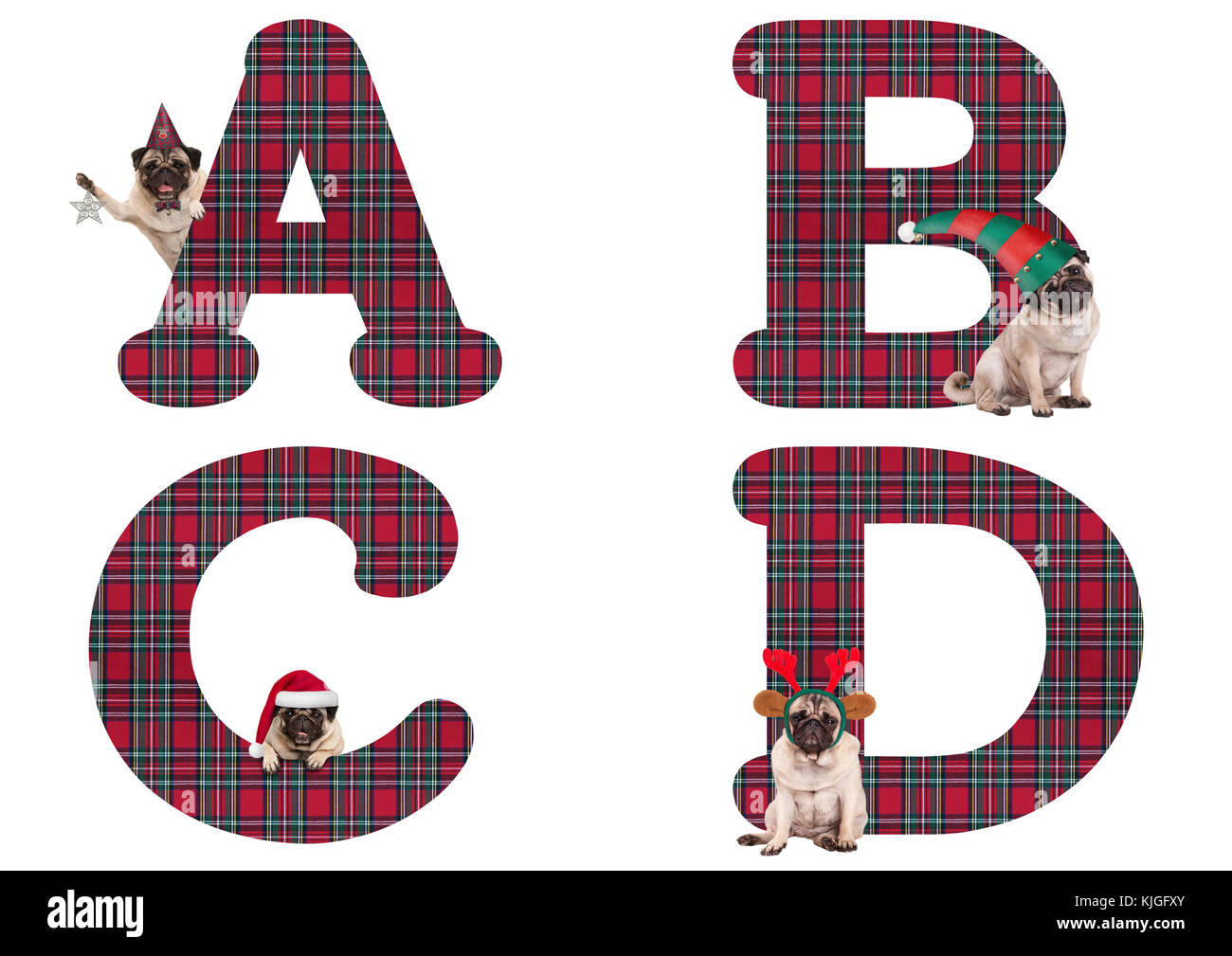 Natale cute pug cucciolo di cane alfabeto lettere a b c d, isolati su sfondo bianco Foto Stock