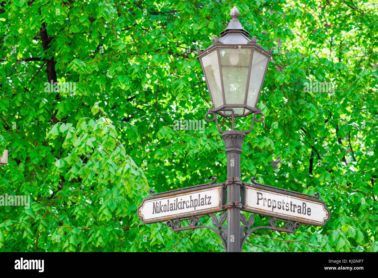 Città di primavera della Germania, vista di un lampione vintage vista contro il fogliame tardo primavera nello storico quartiere Nikolaiviertel di Berlino, Germania Foto Stock