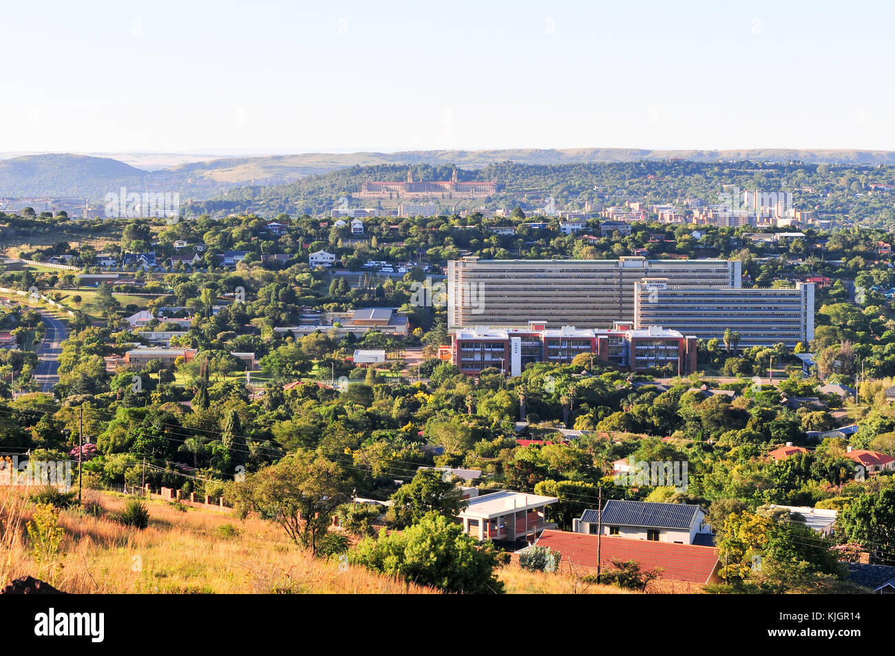 Vista di Pretoria, Sud Africa da fort klapperkop al tramonto. Foto Stock