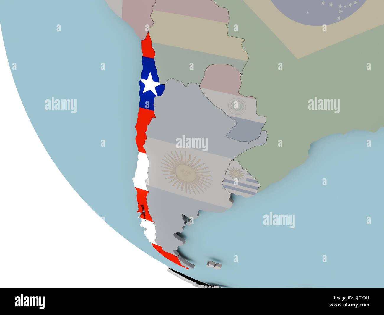 Mappa del Cile sul globo politico con bandiere incorporate. Illustrazione 3D. Foto Stock