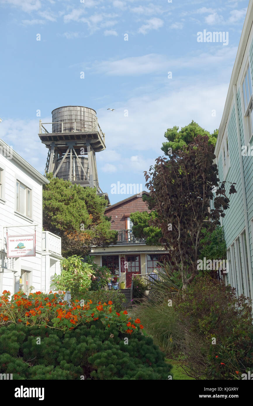Case e una torre d'acqua si stagliano contro i cieli blu a nord di San Francisco, a Mendocino, Stati Uniti, 11 settembre 2017. La regione è conosciuta per la sua colonia di artisti, con molti edifici in legno costruiti in stile tradizionale. Foto: Alexandra Schuler/dpa Foto Stock