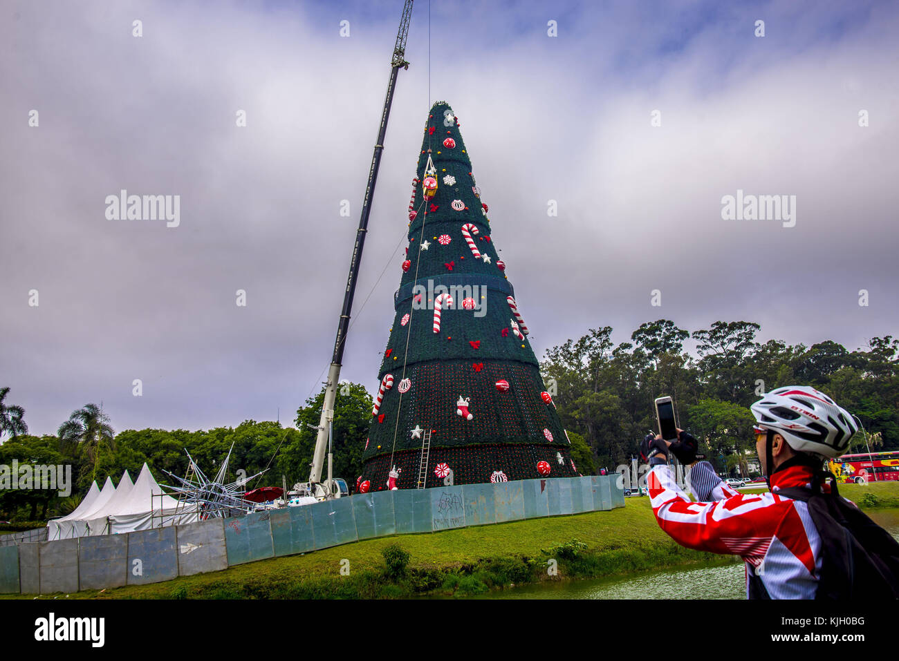 24 novembre 2017 - SÃ¢o Paulo, SÃ£o Paulo, Brasile - SAO PAULO SP, SP 11/23/2017 ALBERO DI MONTAGNA NATALE: Vista dell'ALBERO di Natale Ibirapuera, nella zona sud di SÃ£o Paulo (SP). L'apertura ufficiale sarà sabato prossimo (25). Quest'anno, il pino sarà alto 40 metri, più grande di 35 metri nel 2016, ma meno di 75 metri nel 2009. Secondo il Municipio, il costo sarà interamente coperto da Coca-Cola, una società sponsor, che, per politica interna, non rivela gli importi spesi per essa. Crediti: CRIS Faga/ZUMA Wire/Alamy Live News Foto Stock