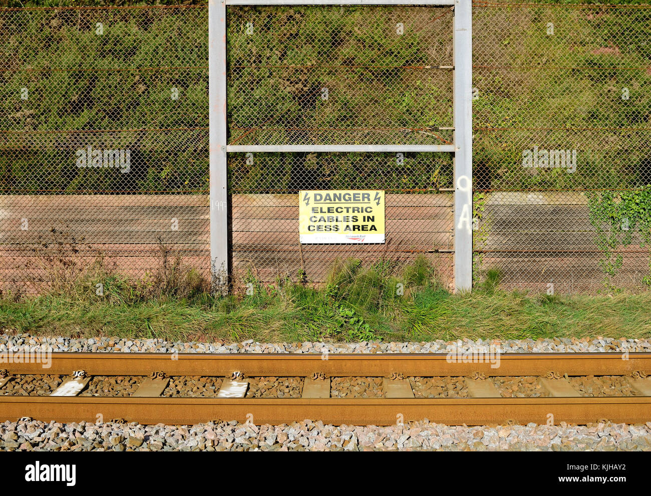 Recinzioni protettive accanto alla ferrovia a Teignmouth, un tratto della linea soggetta a frane dalle scogliere adiacenti e dei danni causati dalle tempeste dal mare. Foto Stock