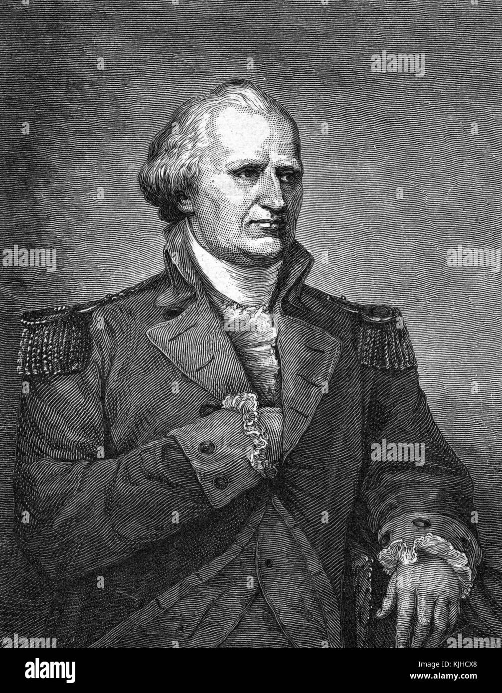 Ritratto inciso di John Stark, un nativo del New Hampshire che servì come ufficiale nell'esercito britannico durante la guerra franco-indiana e un maggiore generale dell'esercito continentale durante la rivoluzione americana, divenne ampiamente noto come "eroe di Bennington" per il suo servizio esemplare nella battaglia di Bennington nel 1777, scrisse la frase "vivere libero o morire, la morte non è il peggiore dei mali", mezza lunghezza, con la mano nella giacca, New Hampshire, 1833. Dalla New York Public Library. Foto Stock