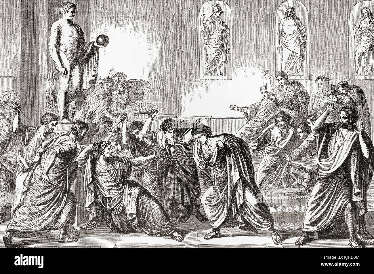 L'assassinio di Giulio Cesare, 44 BC. Caio Giulio Cesare, 100 - 44 BC, aka Giulio Cesare. Politico romano e generale. Da Ward e bloccare la storia illustrata del mondo, pubblicato c.1882. Foto Stock