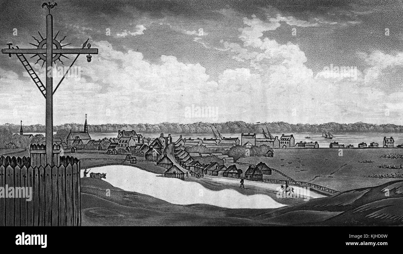 Acquatinta colorata a mano che raffigura una piccola città, case che fiancheggiano una strada principale, una baia sullo sfondo, intitolata "la città dei tre fiumi", Three Rivers si trova nella San Joaquin Valley e nella Sierra Nevada nella contea di Tulare, California, il nome della città deriva dalla sua posizione vicino all'incrocio tra le North, Middle e South Forks del fiume Kaweah, California, 1750. Dalla New York Public Library. Foto Stock