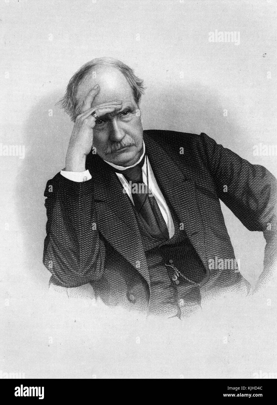 Ritratto inciso di David Dudley Field, un avvocato americano che ha dato un importante contributo allo sviluppo della procedura civile americana, allontanandolo dalla causa di common law verso la paternità del codice, culminando con l'emanazione del codice Field nel 1850 da parte dello Stato di New York, seduta, consegna la fronte in una posa pensante, New York, 1870. Dalla New York Public Library. Foto Stock