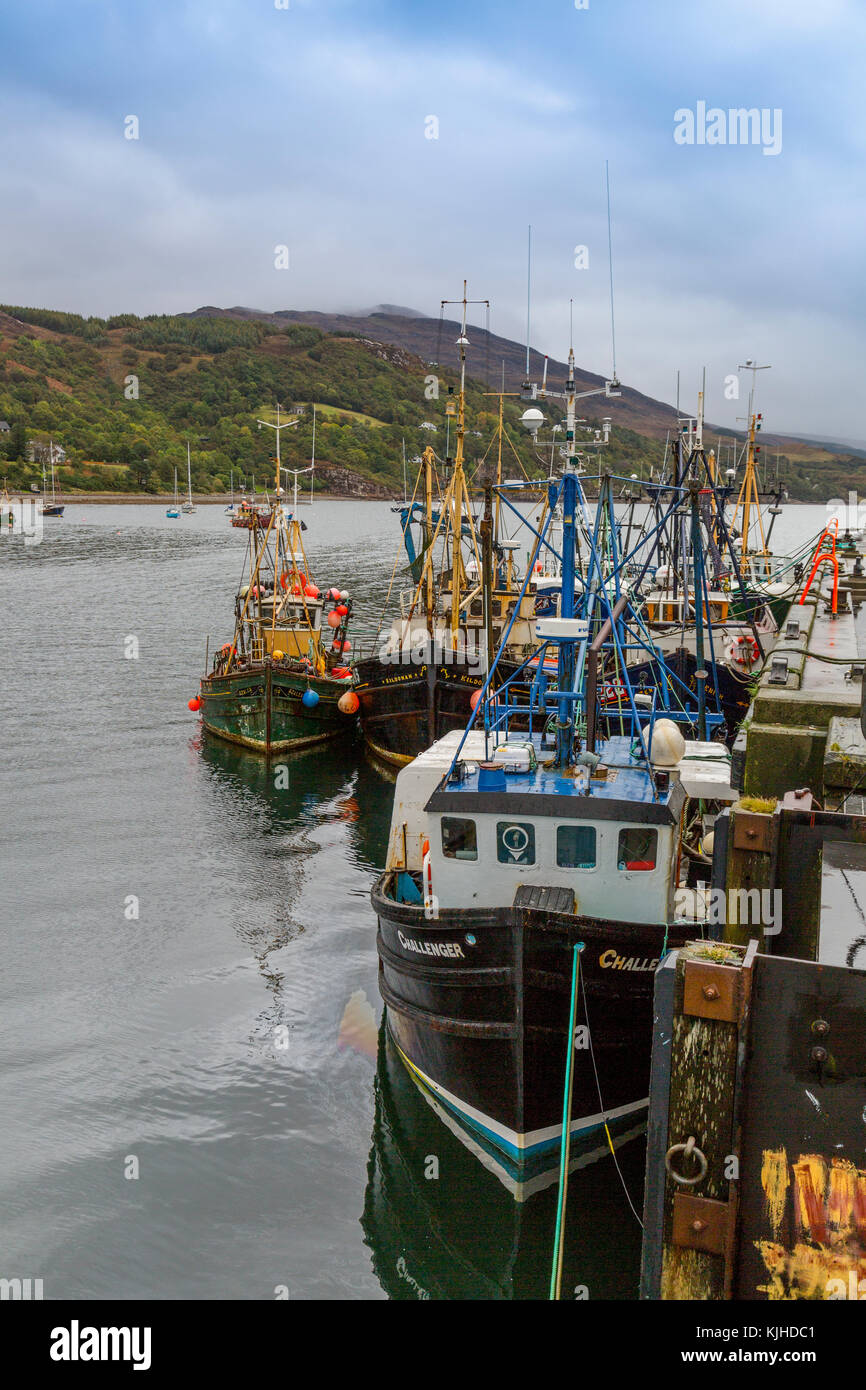 Una collezione di tradizionali barche da pesca ormeggiate a Loch Ginestra a Ullapool, Highland, Scotland, Regno Unito Foto Stock