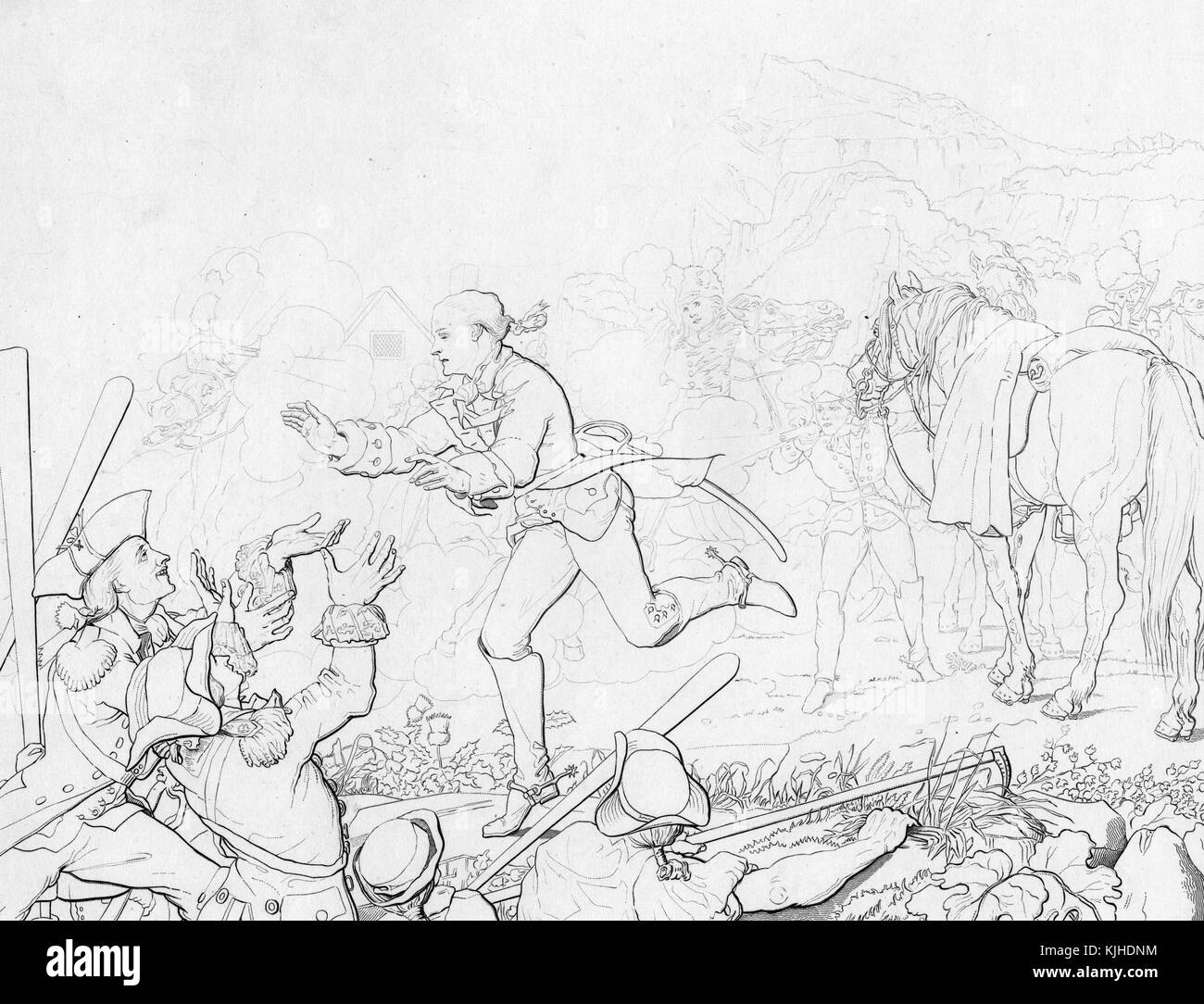 Un'illustrazione che raffigura la fuga del sergente John Champe dal Regno Unito, durante la guerra d'indipendenza americana, ha agito come un doppio agente disertando nell'esercito britannico per catturare Benedict Arnold, fu scelto per la missione da George Washington e Henry Lee III al fine di estrarre informazioni su altri ufficiali di alto rango che potrebbero lavorare con gli inglesi, fu in grado di scoprire che non c'erano altri ufficiali, ma fallì nel catturare Arnold a causa della mancanza di opportunità, Washington, DC, 1832. Dalla New York Public Library. Foto Stock