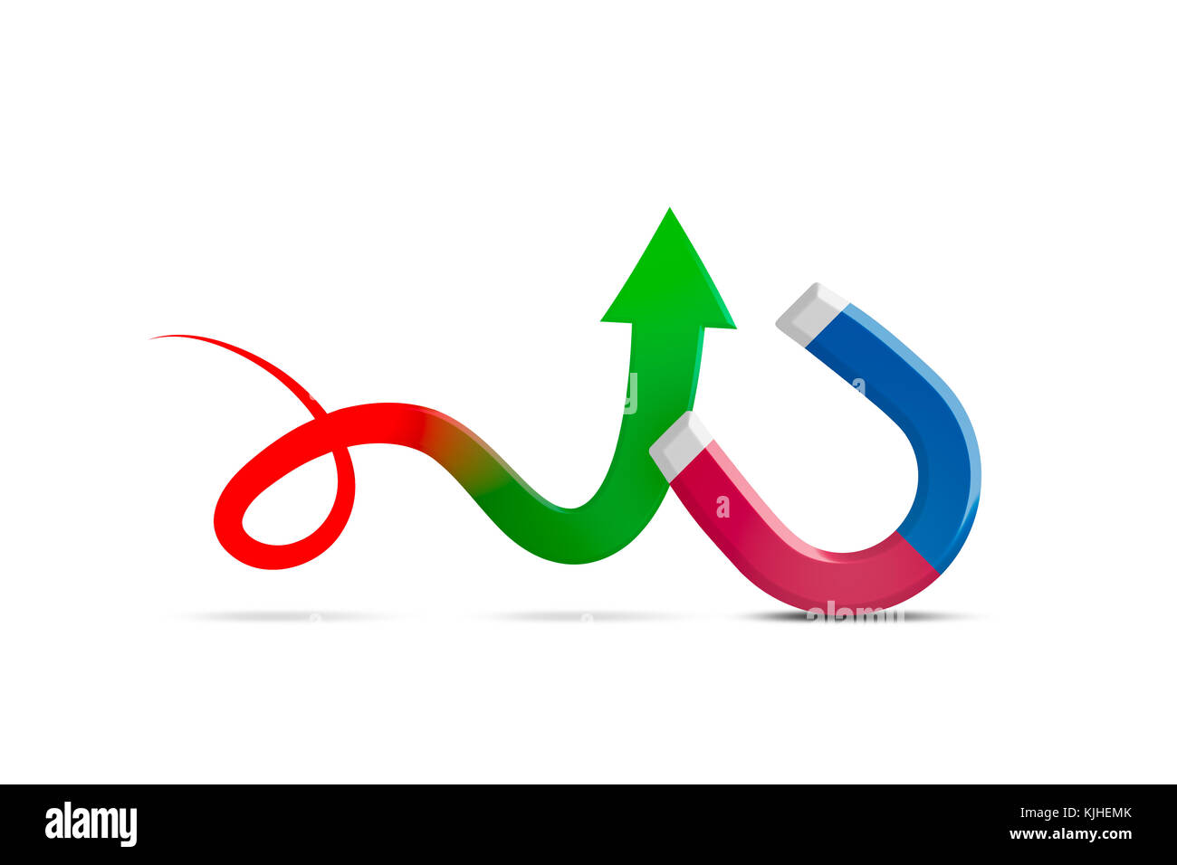 A titolo illustrativo del rosso e del blu del magnete a ferro di cavallo tirando frecce, isolati su sfondo bianco. Foto Stock