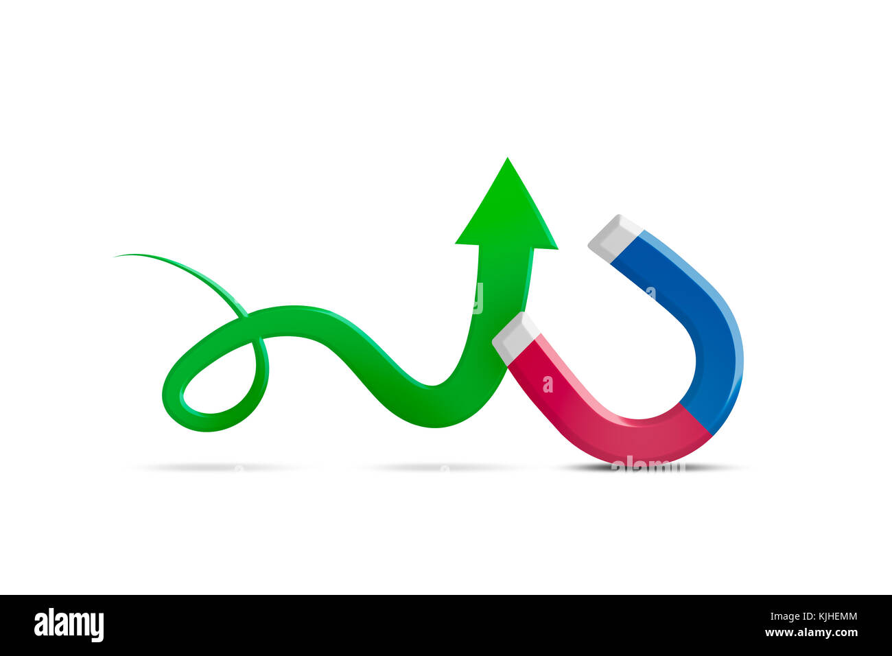 A titolo illustrativo del rosso e del blu del magnete a ferro di cavallo tirando frecce, isolati su sfondo bianco. Foto Stock