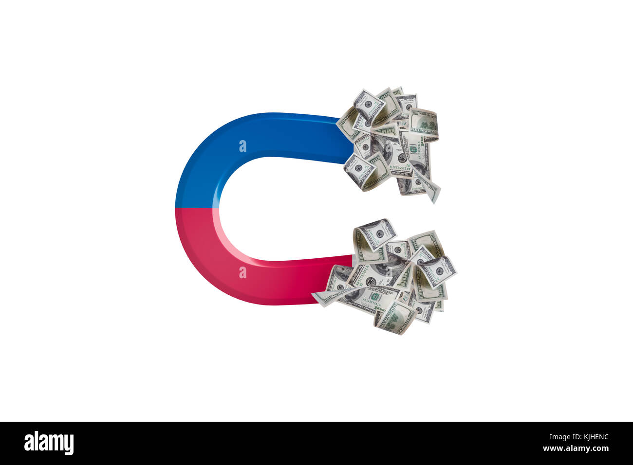 A titolo illustrativo del rosso e del blu del magnete a ferro di cavallo tirando dollari nel concetto di finanza, isolato su sfondo bianco. Foto Stock