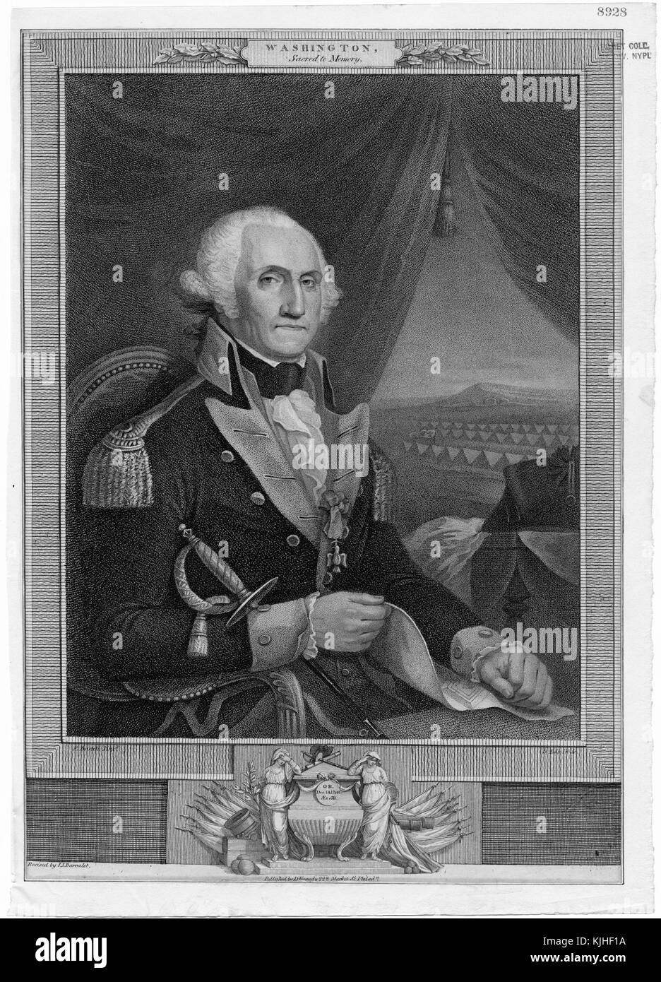 Incisione di un ritratto di George Washington, fu il primo presidente degli Stati Uniti d'America e uno dei padri fondatori del paese, il servito come generale durante la guerra rivoluzionaria americana, Fu tenuto in grande considerazione durante la sua vita per le sue azioni che hanno portato e durante la guerra, nonché per le sue azioni durante la sua presidenza, egli rimane una delle figure più importanti e rispettate in tutta la storia americana, Una placca sopra il ritratto contiene il testo che rosso 'Sacred to Memory', Washington, DC, 1829. Dalla Biblioteca pubblica di New York. Foto Stock