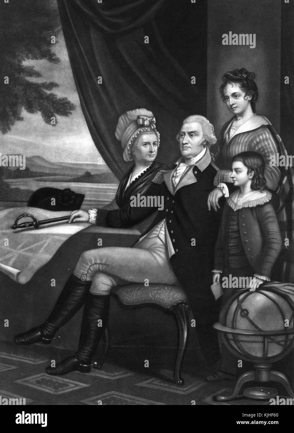 Un'incisione da un ritratto di famiglia di George Washington con Martha Washington seduta accanto a lui, il suo braccio è appoggiato sulla spalla del suo fratellastro e figlio adottivo George Washington Parke Custus, la figlia di Martha Eleanore Park Custis è in piedi dietro di loro, Washington, DC, 1832. Dalla New York Public Library. Foto Stock