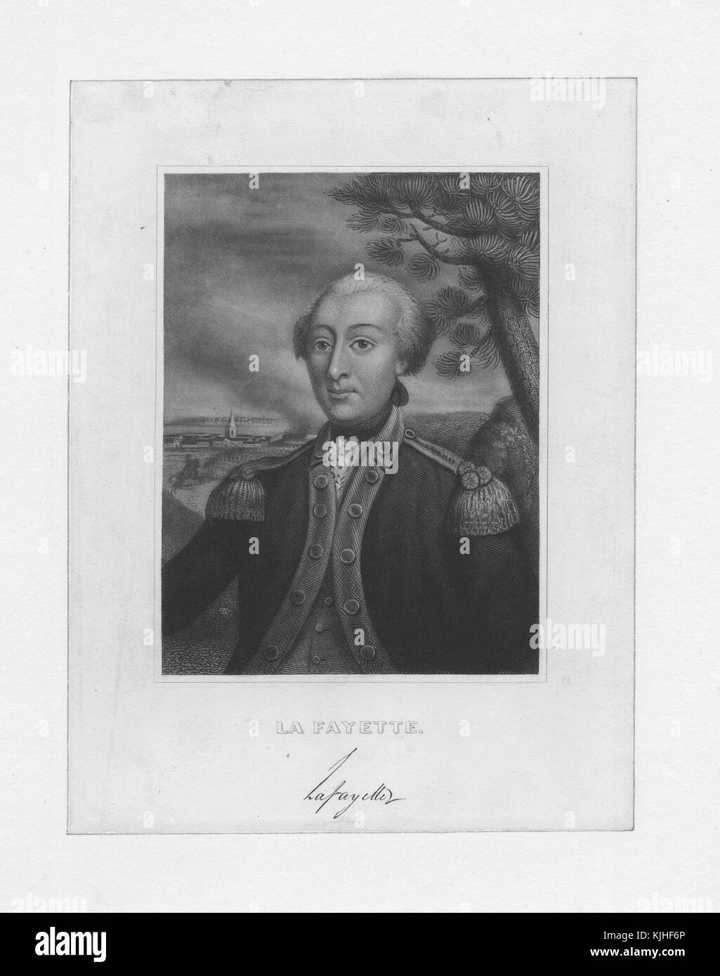 Un'incisione da un ritratto di Gilbert du Motier, marchese di Lafayette, fu un ufficiale militare francese che combatté per gli Stati Uniti durante la guerra di indipendenza americana, fu anche una figura importante nella guerra di indipendenza francese del 1789, Stati Uniti, 1832. Dalla New York Public Library. Foto Stock