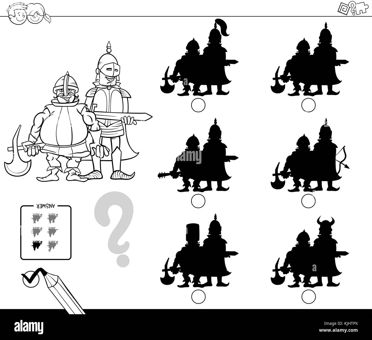 Bianco e nero cartoon illustrazione di trovare l'ombra senza differenze di attività educative per i bambini con cavalieri medievali caratteri colo Illustrazione Vettoriale