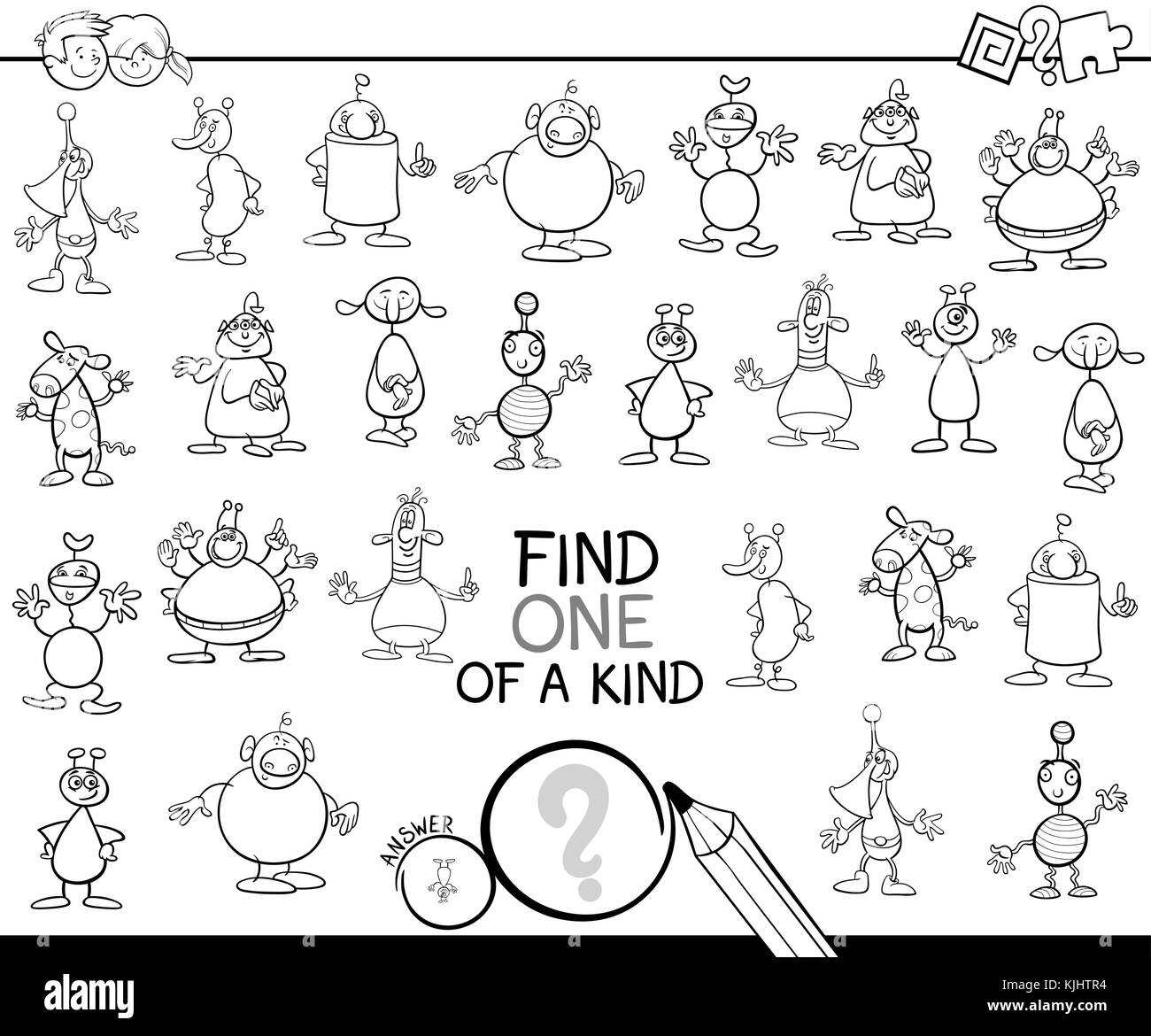 Bianco e nero cartoon cartoon illustrazione di trovare un tipo di attività educativa gioco per bambini con gli alieni personaggi di fantasia libro da colorare Illustrazione Vettoriale