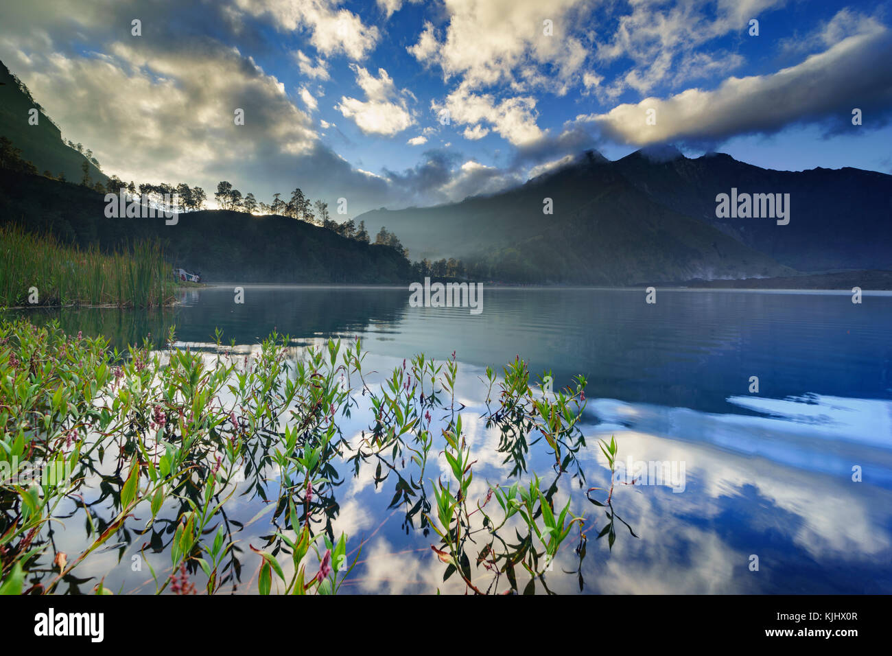 Mount Rinjani riflesso in un lago, Lombok, West Nusa Tenggara, Indonesia Foto Stock