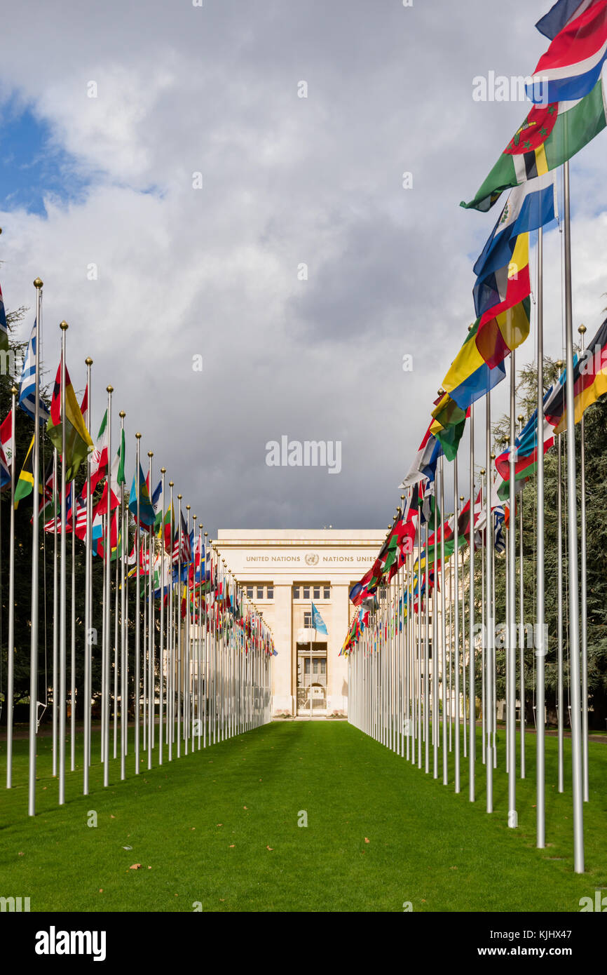 Ginevra, Svizzera - 30 Ottobre 2017 : il Palazzo delle Nazioni è la casa dell'Ufficio delle Nazioni Unite a Ginevra. È la sede della Leag Foto Stock