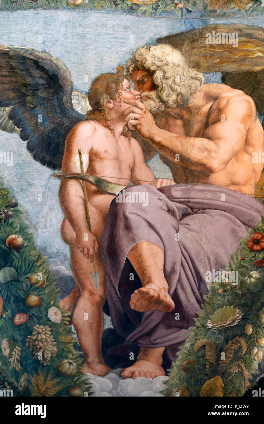 Villa Farnesina a Roma. La Loggia di Amore e Psiche, soffitto affrescato dipinta da Raffaello e la sua bottega nel 1518. Dettaglio : Cupido baciato da Giove. Foto Stock