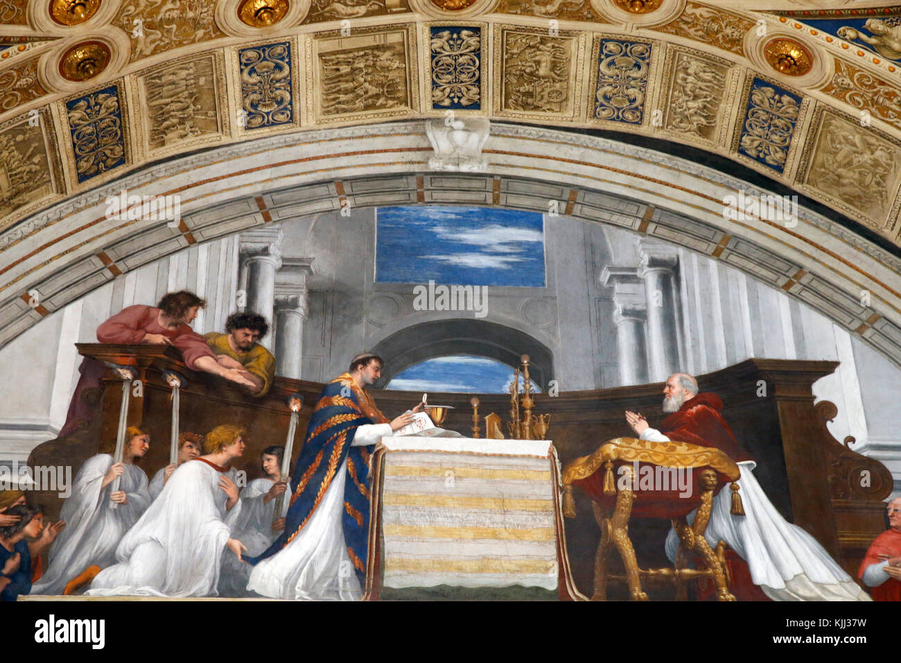 Musei Vaticani a Roma. Le stanze di Raffaello. La Messa di Bolsena. L'Italia. Foto Stock
