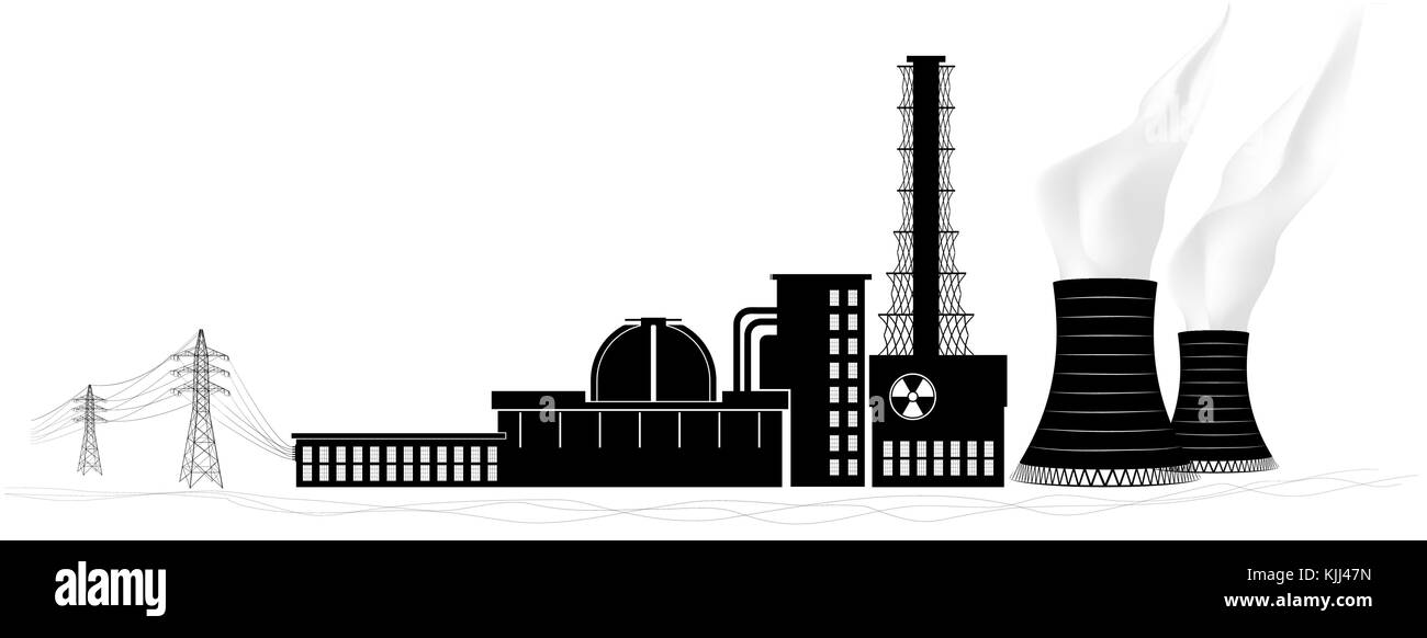 Un impianto ad energia nucleare silhouette. non-fonte di energia rinnovabile isolati su sfondo bianco in bianco e nero Illustrazione Vettoriale