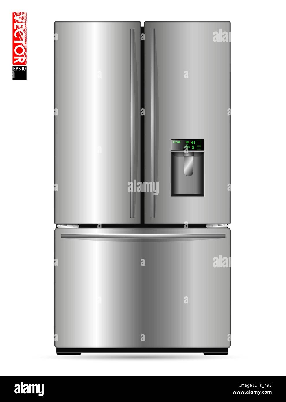 Grande doppia ala frigorifero con rivestimento in metallo, display e freezer. Adatto per illustrare le cucine, prodotti o gli elettrodomestici. vista frontale. Illustrazione Vettoriale