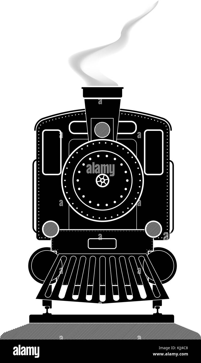 Profilo vista anteriore di una vecchia locomotiva su rotaie. in bianco e nero il vettore. Illustrazione Vettoriale