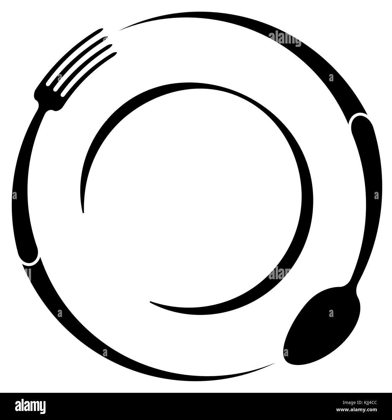 Logo astratto di un bar o un ristorante. un cucchiaio e forchetta su una piastra. un semplice profilo. Illustrazione Vettoriale