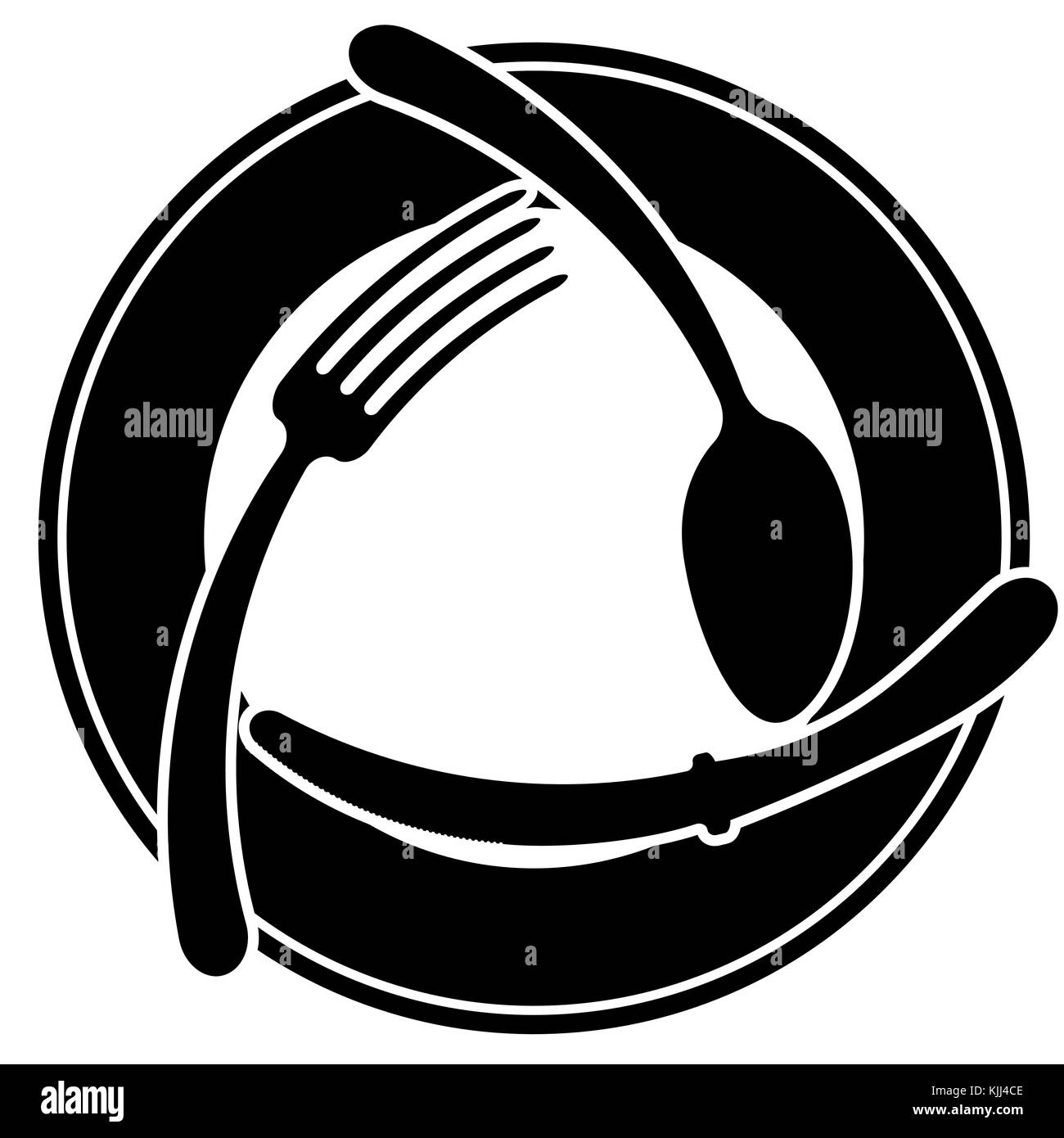 Logo astratto di un bar o un ristorante. un cucchiaio, di una forchetta e un coltello giacciono su una piastra. un semplice profilo. Illustrazione Vettoriale