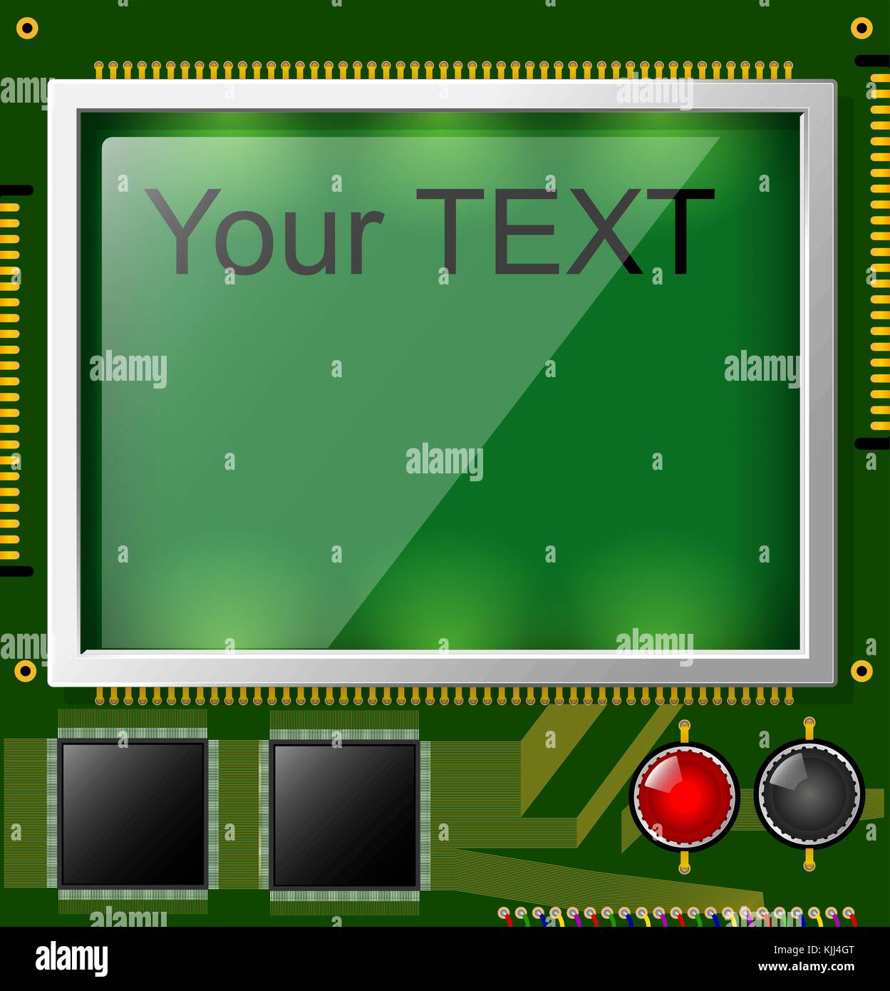 Display LCD di grandi dimensioni con spazio per il testo e la retroilluminazione. un quadrato scheda a circuito stampato è verde. componenti elettronici. Illustrazione Vettoriale