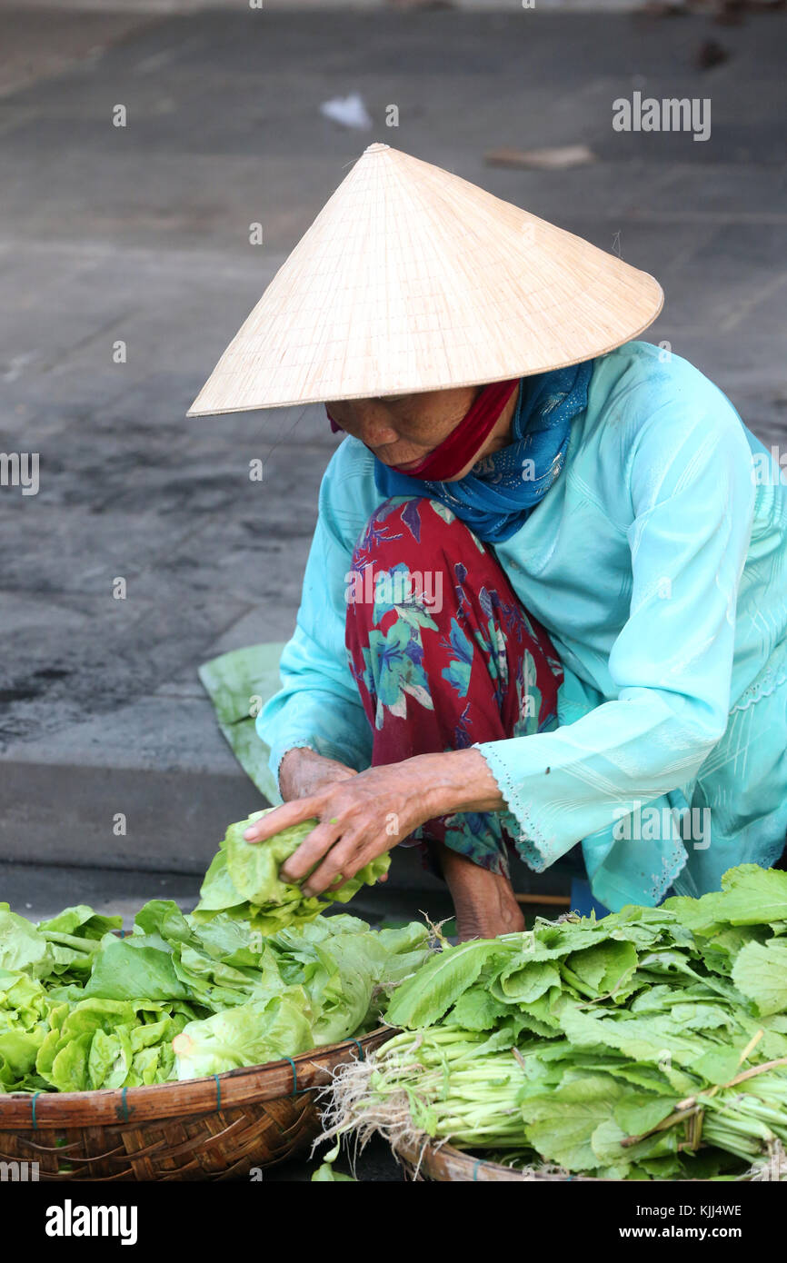 La donna nel cappello conico vendere verdure. Hoi An. Il Vietnam. Foto Stock