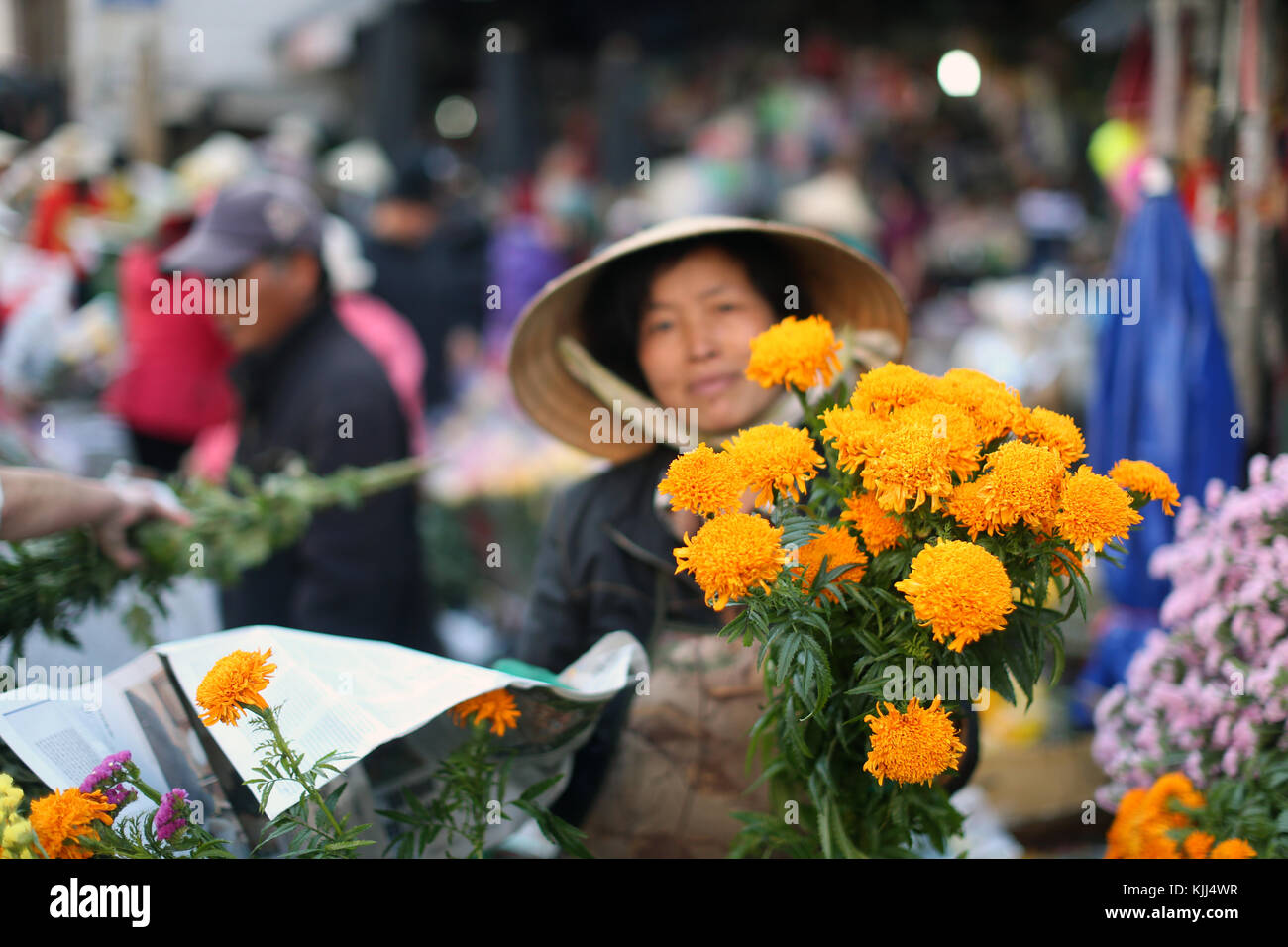 Donna al lavoro su Dalat flower market. Dalat. Il Vietnam. Foto Stock