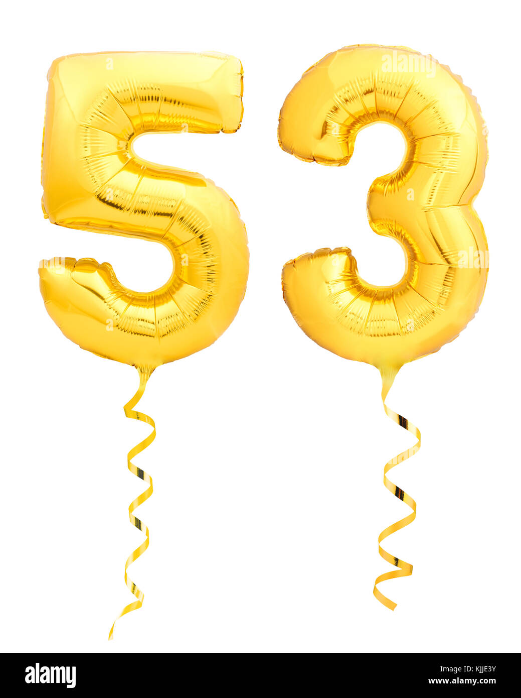 Golden numero cinquanta tre 53 fatto di palloncino gonfiabile con nastro su bianco Foto Stock