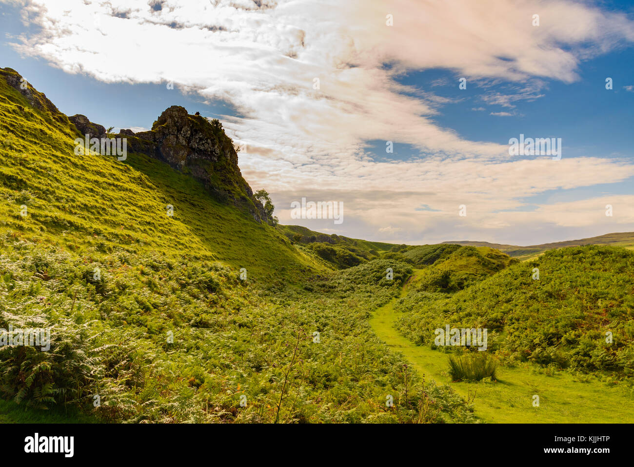 Il molto verde della natura della mistica Fairy Glen nell'isola di Skye in Scozia Foto Stock