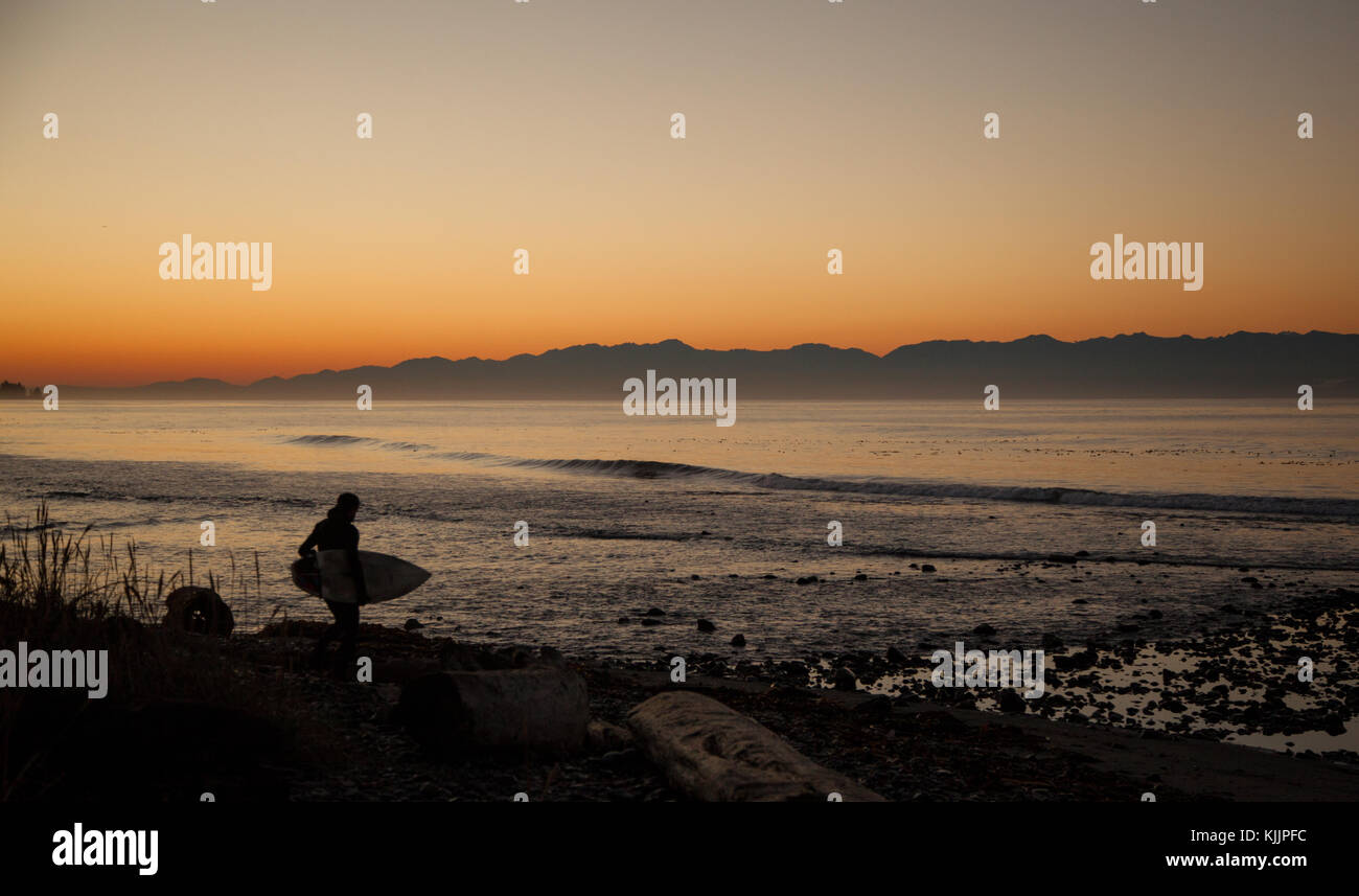 La mattina presto del surfista, Fiume Giordano, British Columbia Foto Stock