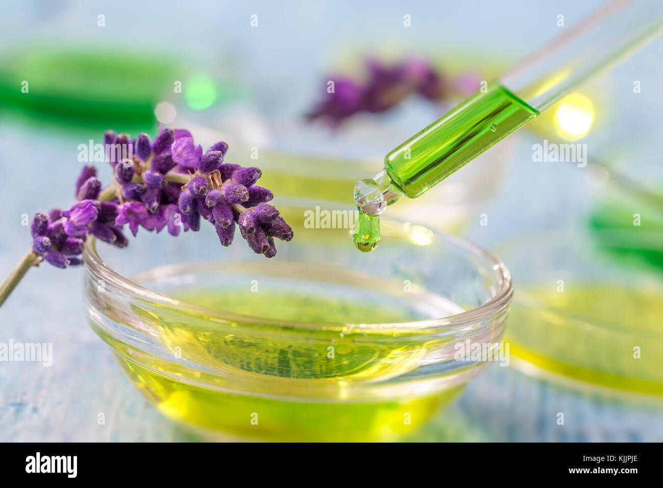 Coppa trasparente con gocce di lavanda liquido essenziale in contagocce su sfondo di legno con fiori di medicinali Foto Stock