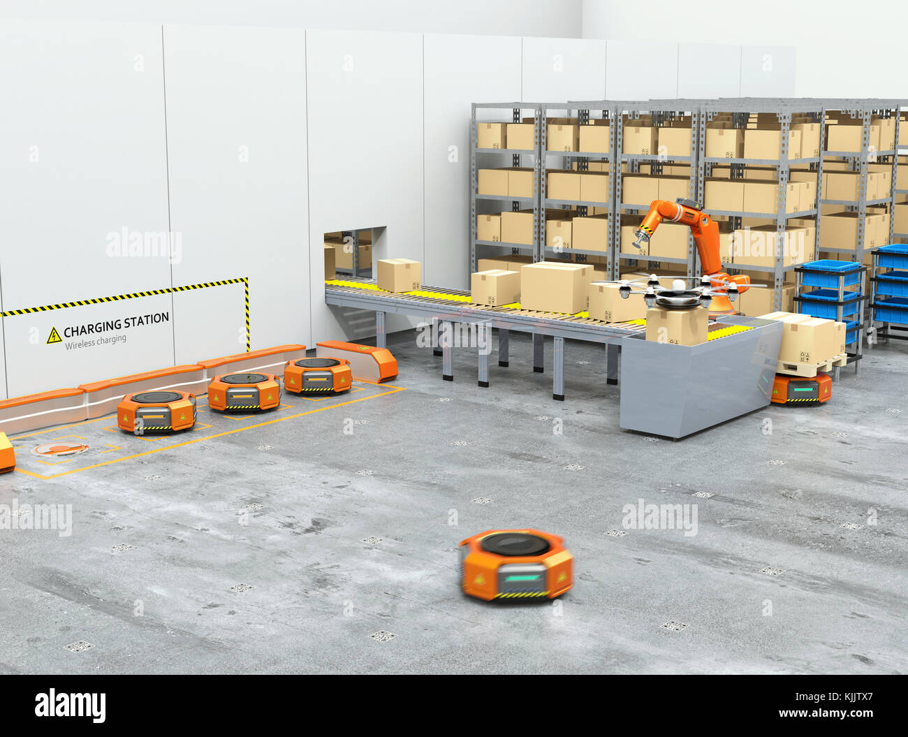 Magazzino moderno dotato di braccio robotico, drone e robot vettori. moderno centro di consegna concetto. Il rendering 3d'immagine. Foto Stock