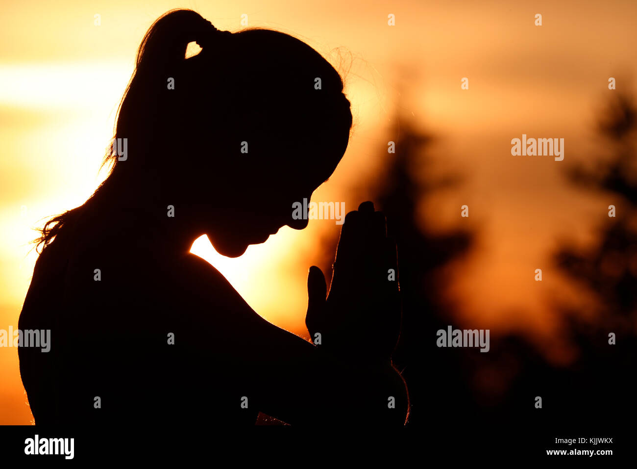 Silhouette di donna a praticare yoga contro la luce del sole di sera. Sulle Alpi francesi. La Francia. Foto Stock